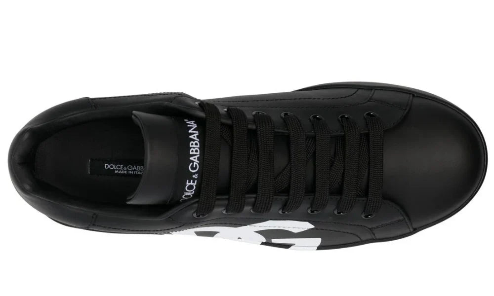 DOLCE & GABBANA Logo Print Leather Lace-up Trainers In Black