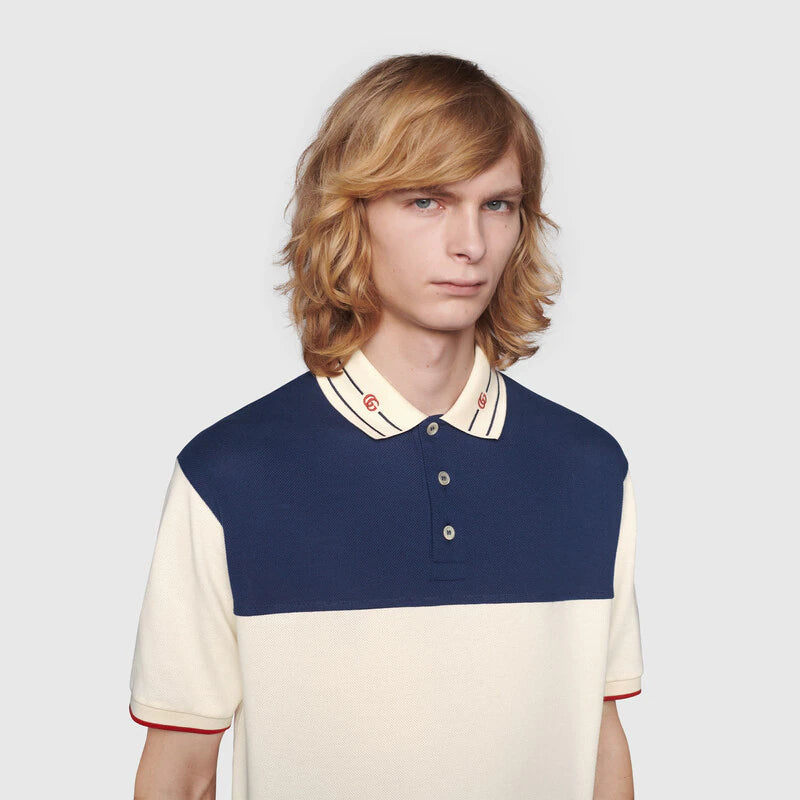 Cotton polo with embroidered collar