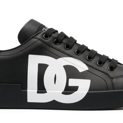 DOLCE & GABBANA Logo Print Leather Lace-up Trainers In Black