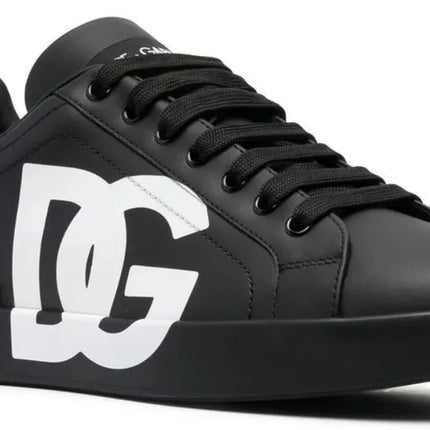 DOLCE & GABBANA Logo Print Leather Lace-up Trainers In Black