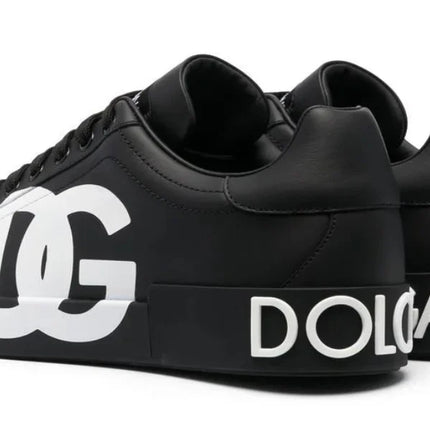 DOLCE & GABBANA Logo Print Leather Lace-up Trainers In Black