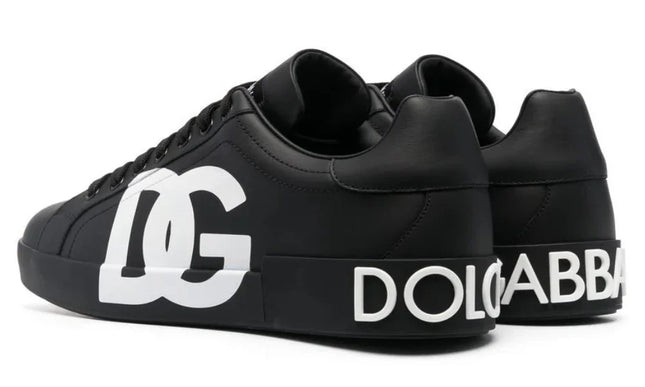DOLCE & GABBANA Logo Print Leather Lace-up Trainers In Black