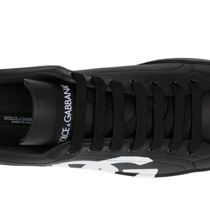 DOLCE & GABBANA Logo Print Leather Lace-up Trainers In Black