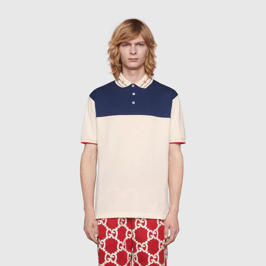 Cotton polo with embroidered collar